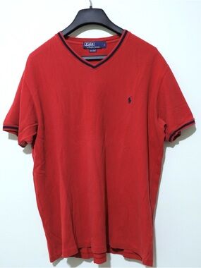Polo Ralph Lauren Red V-Neck T-Shirt Navy Trim Pony Logo Size L